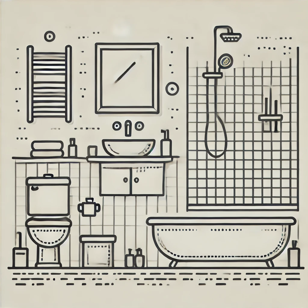 DALL·E 2025-01-14 17.08.12 - A minimalist line art illustration of a bathroom, designed with clean lines and a simple style. The image includes essential bathroom elements such as